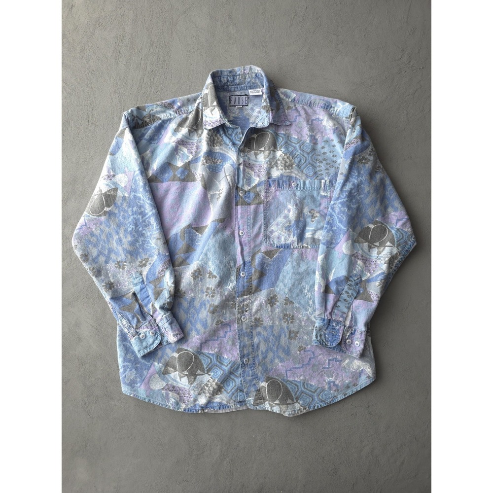 Vintage 1980s Pause Faded Cotton Blue Purple Button-Up Shirt All Over Print M